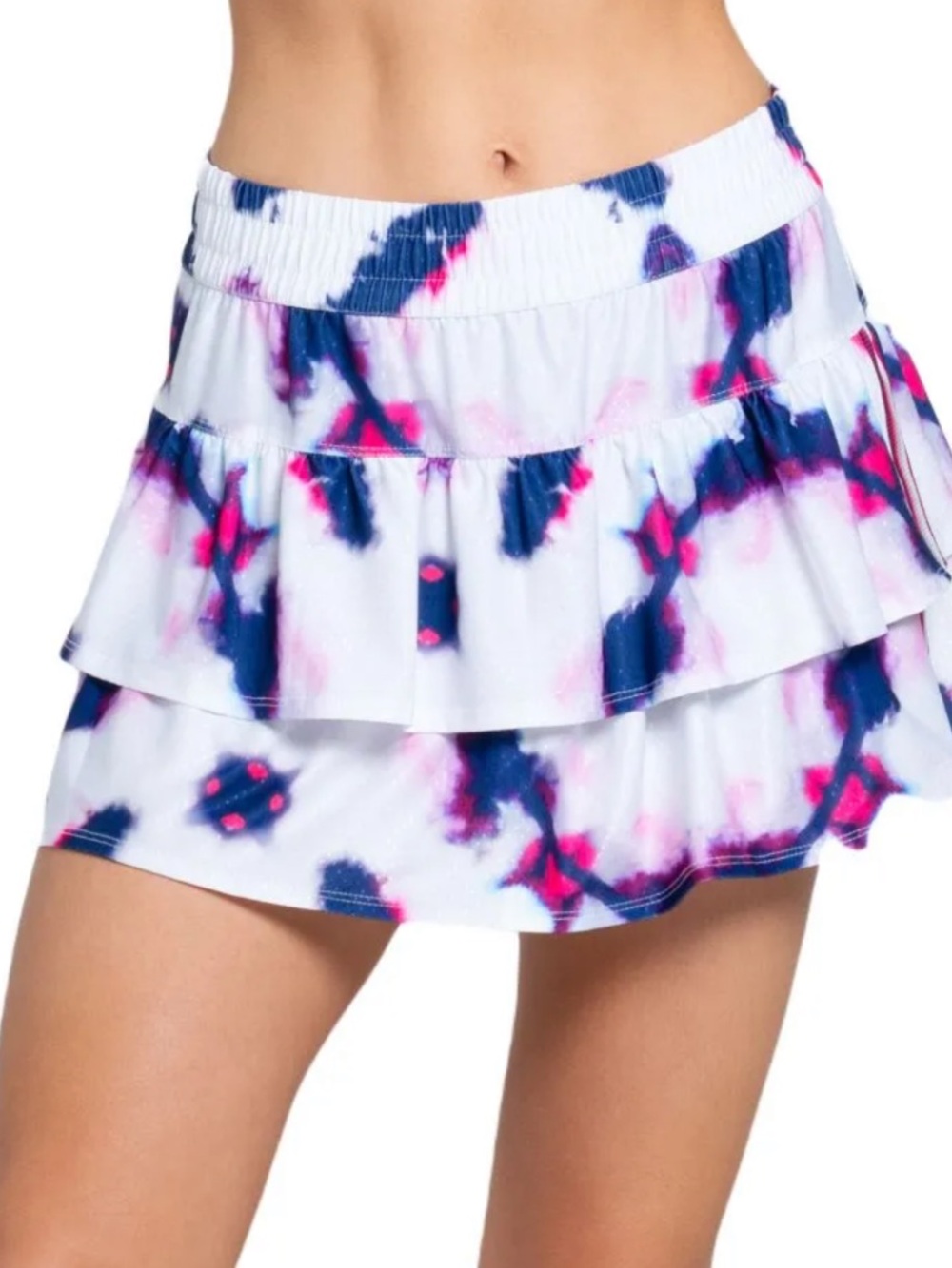 Lucky in Love White Tie-Dye Tiered Skort with Navy & Pink Accents